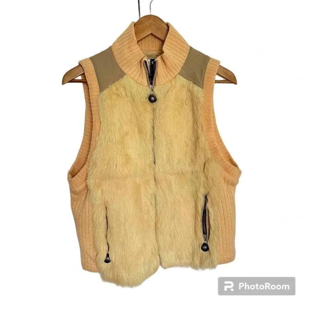 Jamie Sadock Genuine Rabbit Fur & Wool Blend Sweater Vest Yellow Size Medium